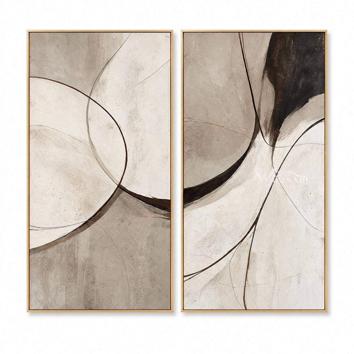 Two vertical panels in black, gray, cream. Black connecting curve.
