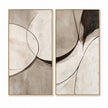 Two vertical panels in black, gray, cream. Black connecting curve.