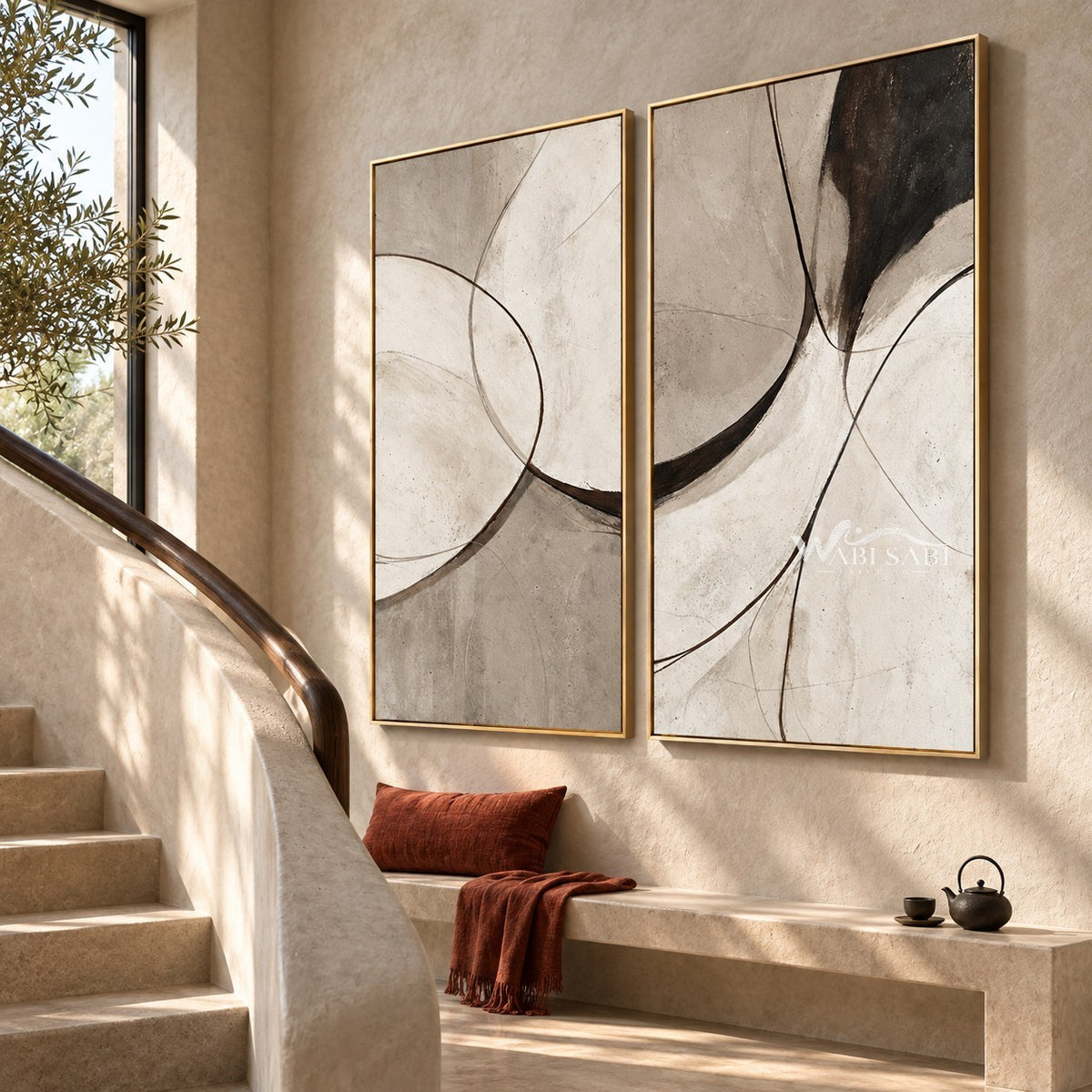 Black Arc and Gray Shape Diptych Wall Art shown beside a staircase.