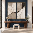 Black Arc and Gray Shape Diptych Wall Art shown above a console and pale stool.