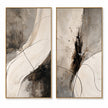 Two-panel abstract composition in ivory, gray, black. Broad ivory sweep.
