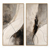 Two-panel abstract composition in ivory, gray, black. Broad ivory sweep.
