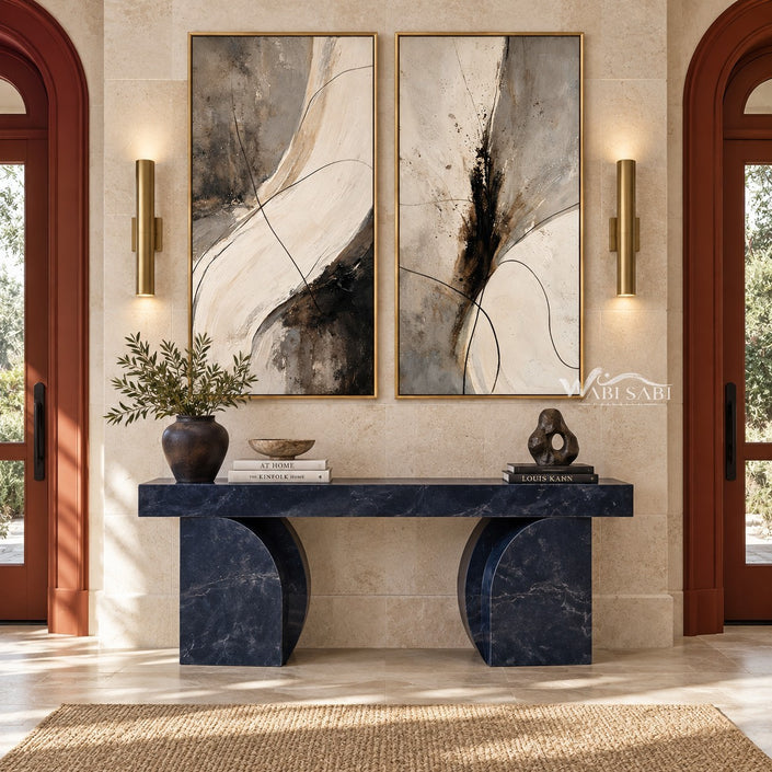 Black Brushwork and Ivory Sweep Diptych Wall Art shown above a blue console.