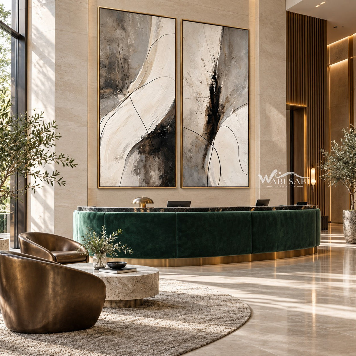 Black Brushwork and Ivory Sweep Diptych Wall Art shown above a curved green counter.