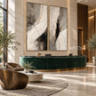 Black Brushwork and Ivory Sweep Diptych Wall Art shown above a curved green counter.