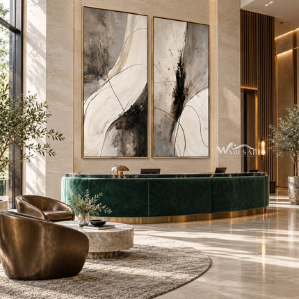Black Brushwork and Ivory Sweep Diptych Wall Art shown above a curved green counter.