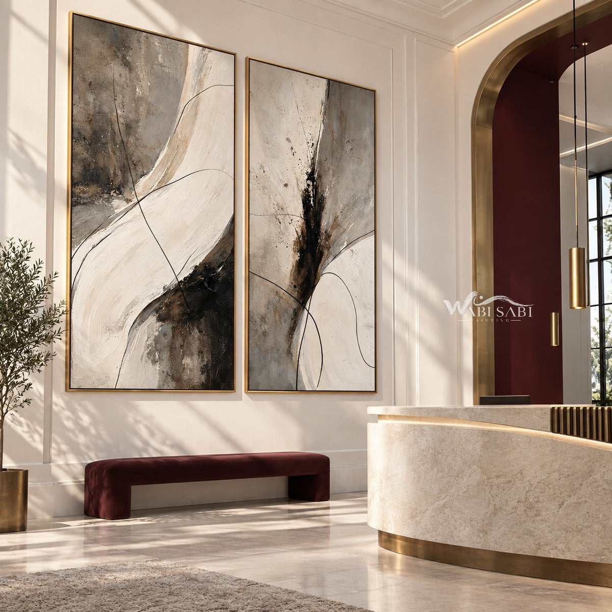 Black Brushwork and Ivory Sweep Diptych Wall Art shown above a burgundy bench.
