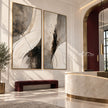 Black Brushwork and Ivory Sweep Diptych Wall Art shown above a burgundy bench.