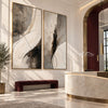 Black Brushwork and Ivory Sweep Diptych Wall Art shown above a burgundy bench.