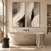 Black Brushwork and Ivory Sweep Diptych Wall Art shown above a freestanding bathtub.