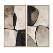 Two tall panels in black, cream, taupe. Broad black curved shapes.