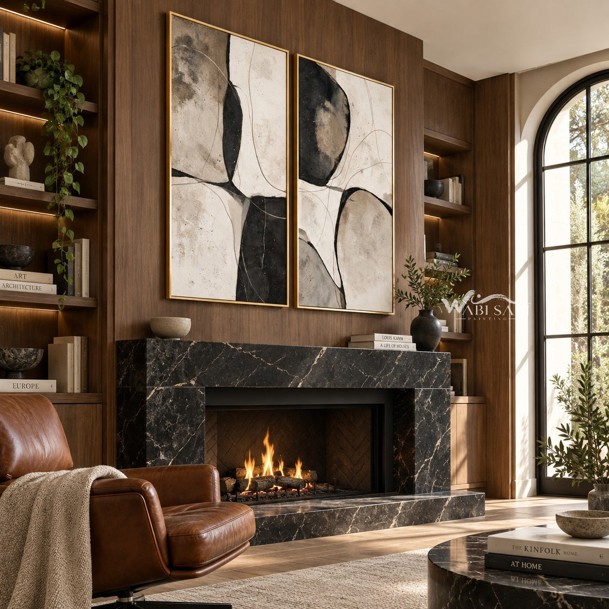 Black Curved Shapes on Cream Diptych Wall Art shown above a fireplace.