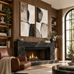 Black Curved Shapes on Cream Diptych Wall Art shown above a fireplace.
