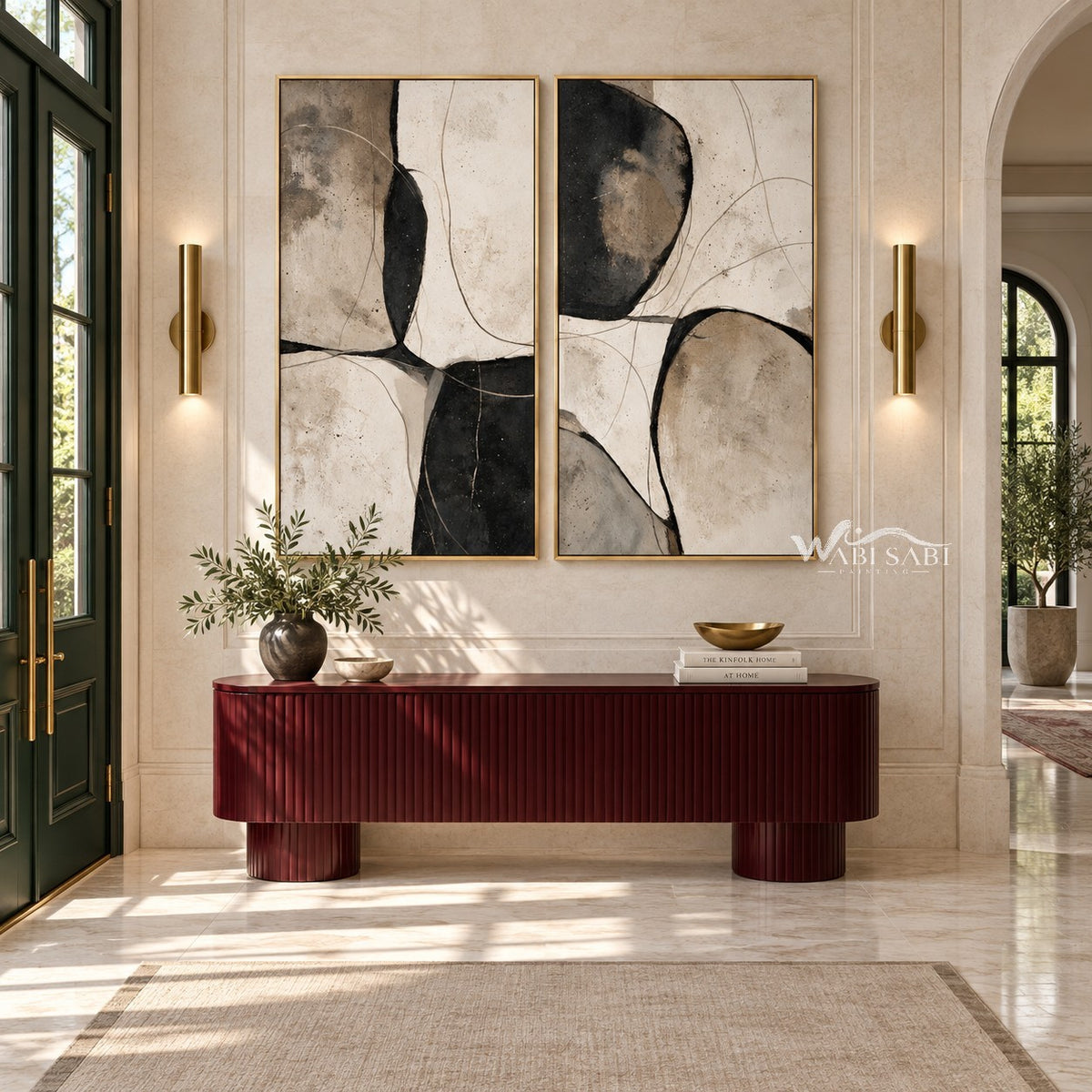 Black Curved Shapes on Cream Diptych Wall Art shown above a burgundy bench.