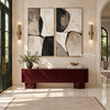 Black Curved Shapes on Cream Diptych Wall Art shown above a burgundy bench.