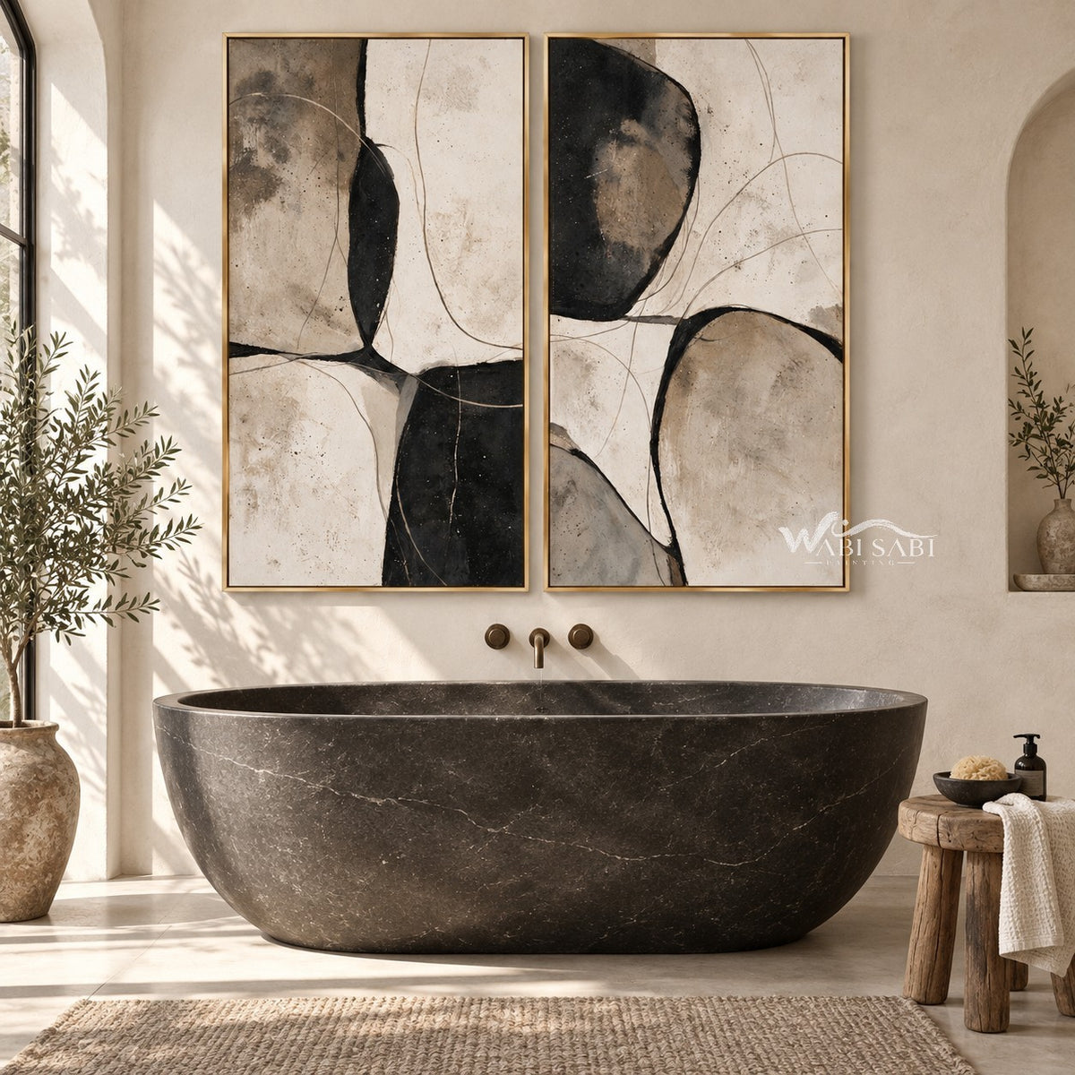 Black Curved Shapes on Cream Diptych Wall Art shown above a dark freestanding bathtub.