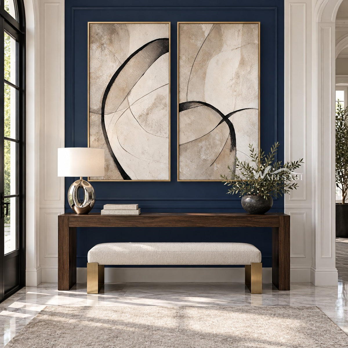 Black Loop and Fine Arc Diptych Wall Art shown above a wood console.