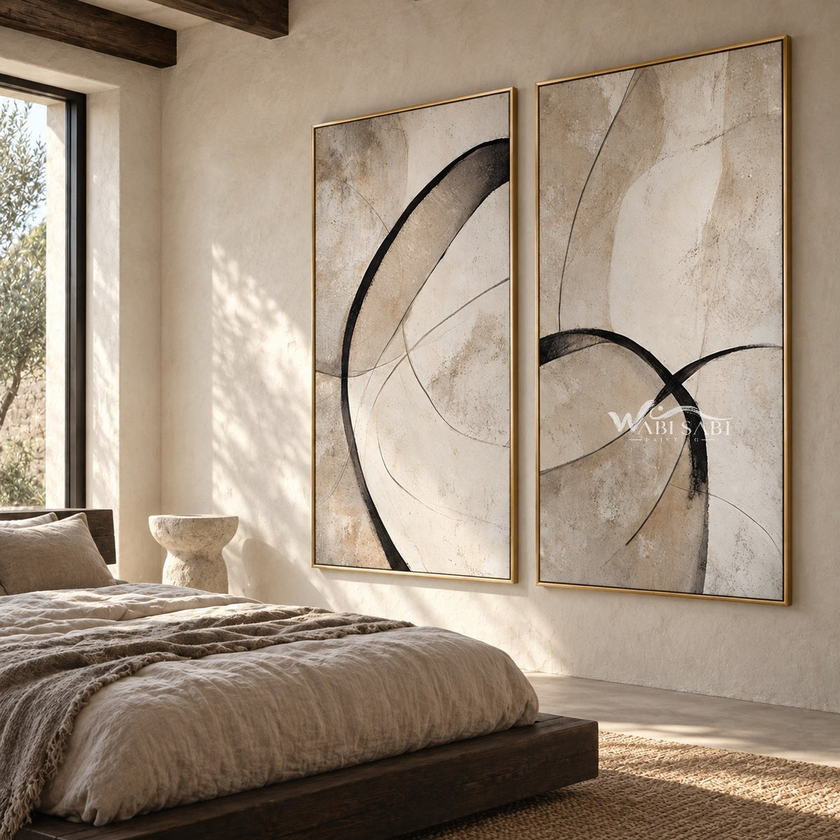 Black Loop and Fine Arc Diptych Wall Art shown above a bed.