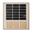 Three black rectangle columns in black, sand, cream. Three groups of small sand squares.