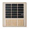 Three black rectangle columns in black, sand, cream. Three groups of small sand squares.