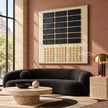 Black Rectangle Grid and Sand Squares Wall Art shown above a black sofa.