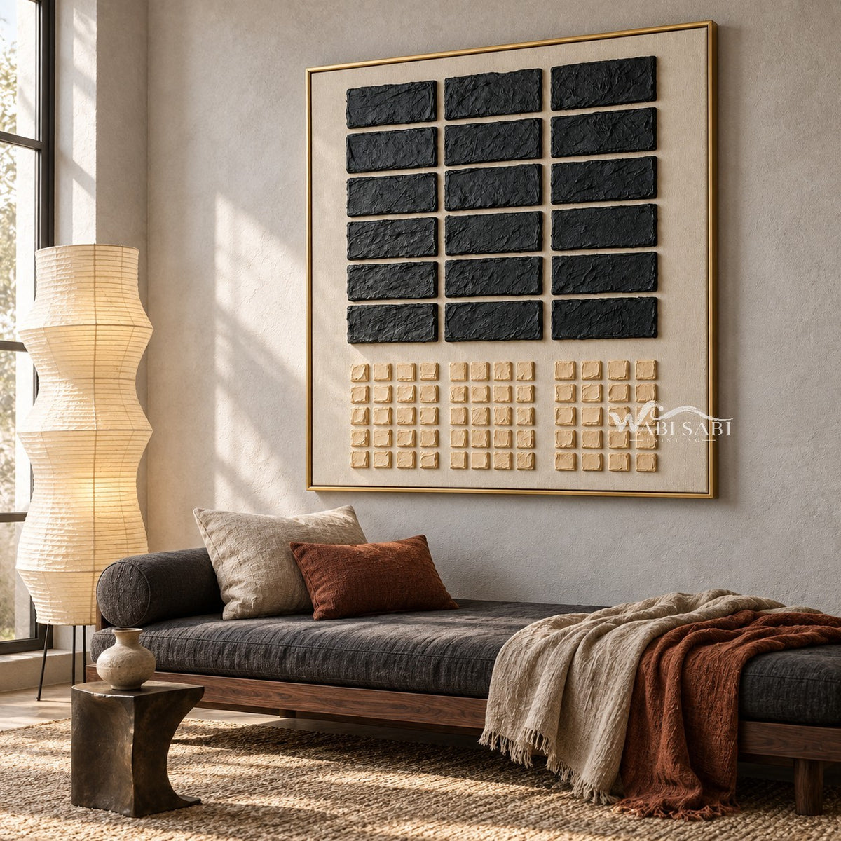 Black Rectangle Grid and Sand Squares Wall Art shown above a dark upholstered bench.