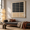 Black Rectangle Grid and Sand Squares Wall Art shown above a dark upholstered bench.