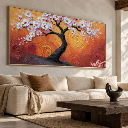 Blossom Tree in Amber Swirls shown above a sofa.