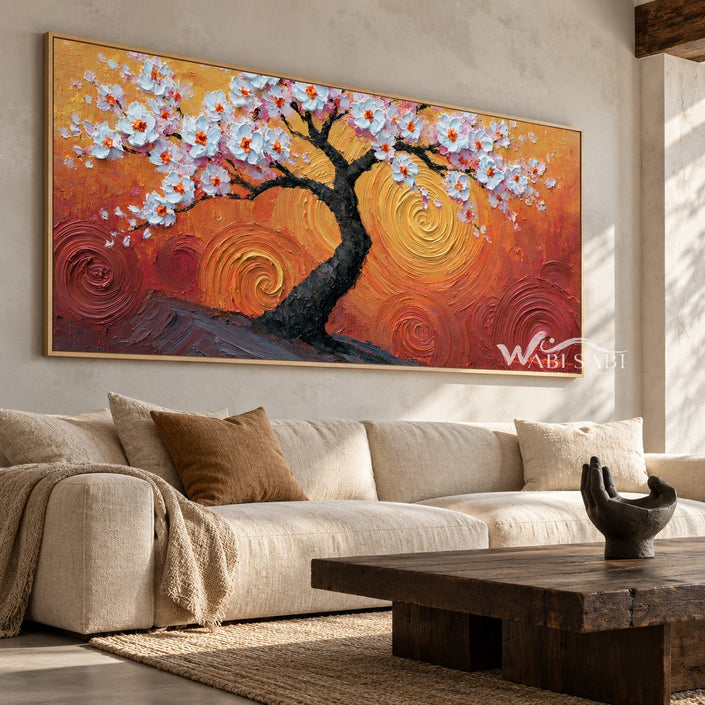 Blossom Tree in Amber Swirls shown above a sofa.