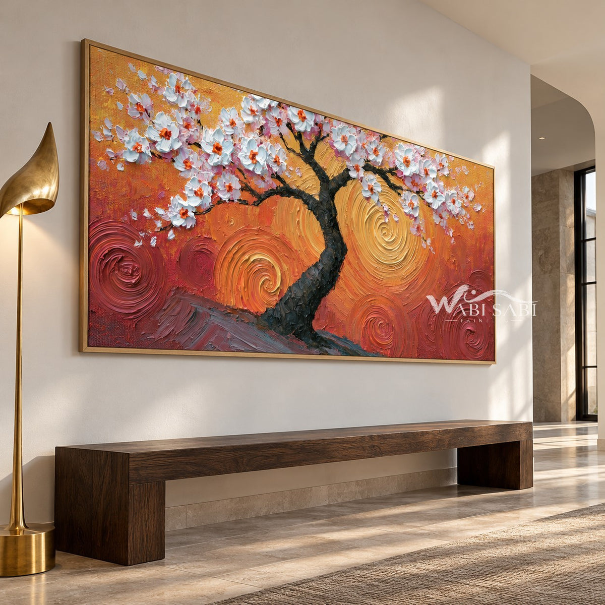 Blossom Tree in Amber Swirls shown above a bench.