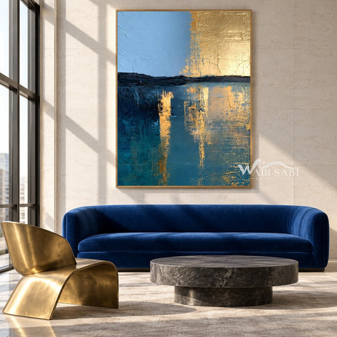 Blue and Gold Tone Horizon Canvas Painting shown in a living room with a sofa.