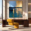 Blue and Gold Tone Horizon Canvas Painting shown in a workspace.