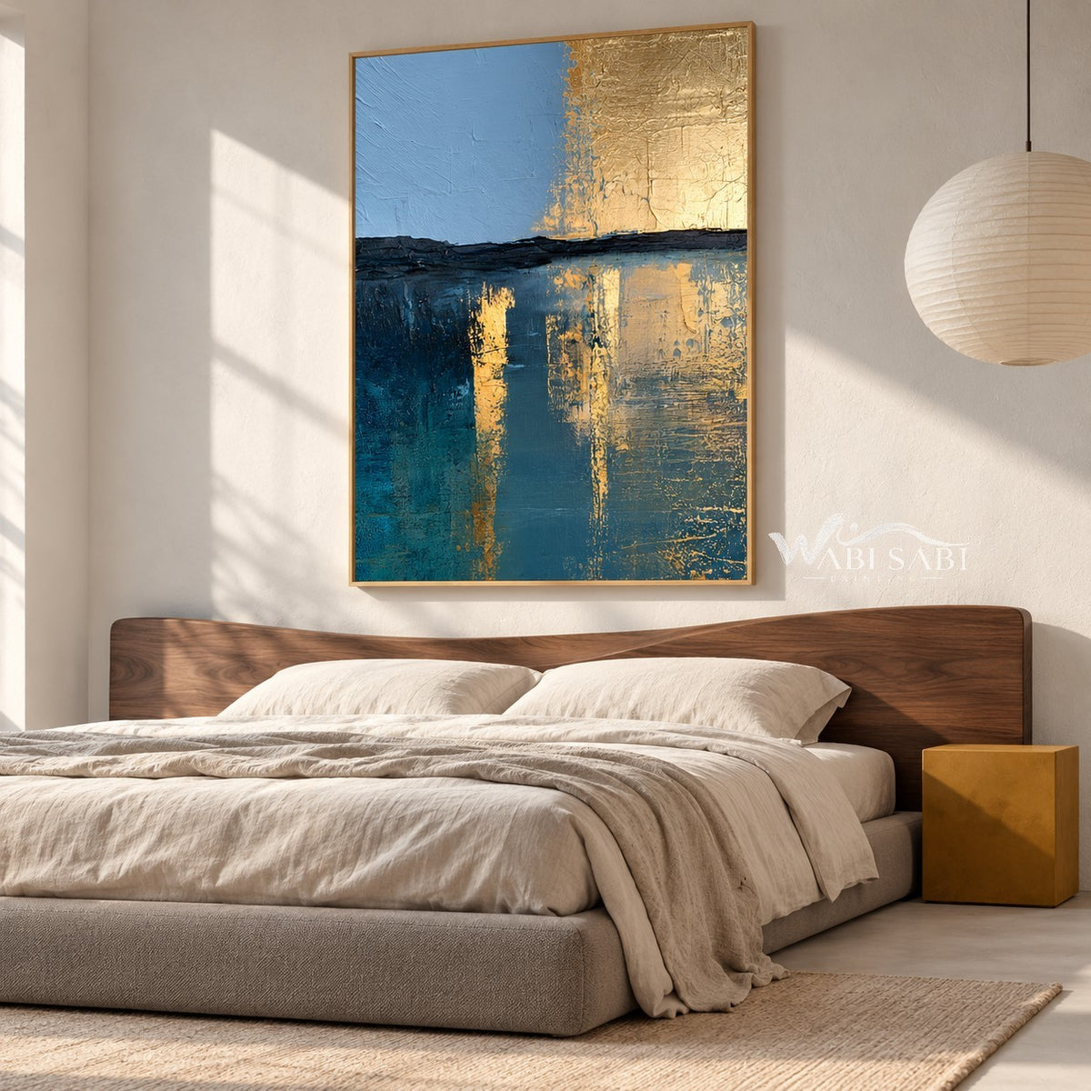 Blue and Gold Tone Horizon Canvas Painting shown in a bedroom.