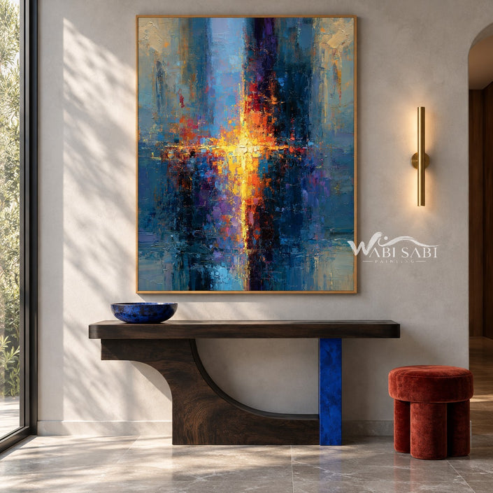 Blue and Orange Brushstroke Abstract Painting shown above a dark console with a red stool.