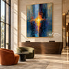 Blue and Orange Brushstroke Abstract Painting shown above a wood cabinet between lounge chairs.