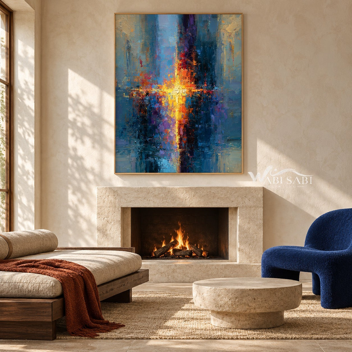 Blue and Orange Brushstroke Abstract Painting shown above a fireplace.