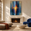 Blue and Orange Brushstroke Abstract Painting shown above a fireplace.