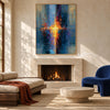 Blue and Orange Brushstroke Abstract Painting shown above a fireplace.