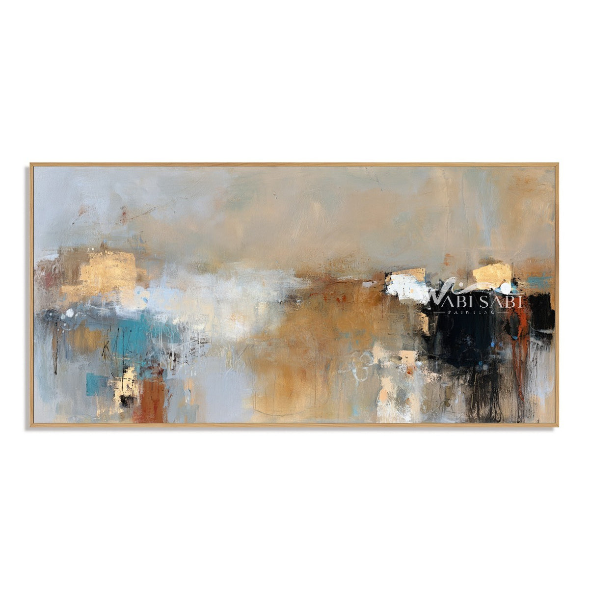 Blue Gray and Black Block Abstract Painting. Large black block on the right.