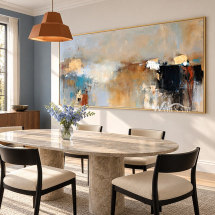 Blue Gray and Black Block Abstract Painting shown in a dining area.