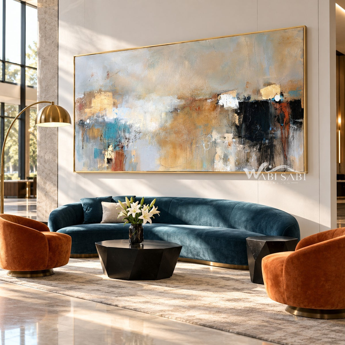 Blue Gray and Black Block Abstract Painting shown in a living room with a sofa.