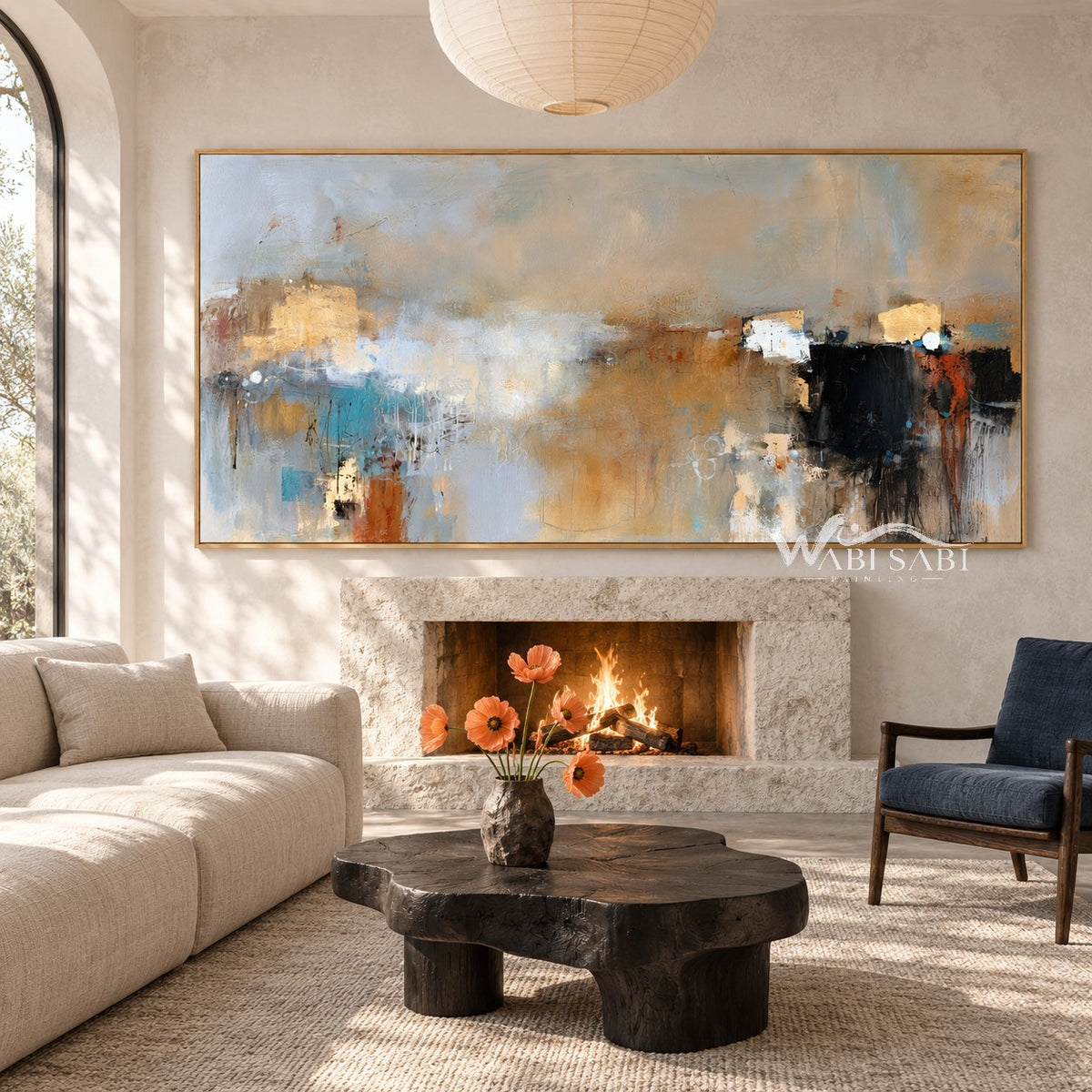 Blue Gray and Black Block Abstract Painting shown near a fireplace.