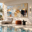 Blue Gray and Black Block Abstract Painting shown in a poolside interior.
