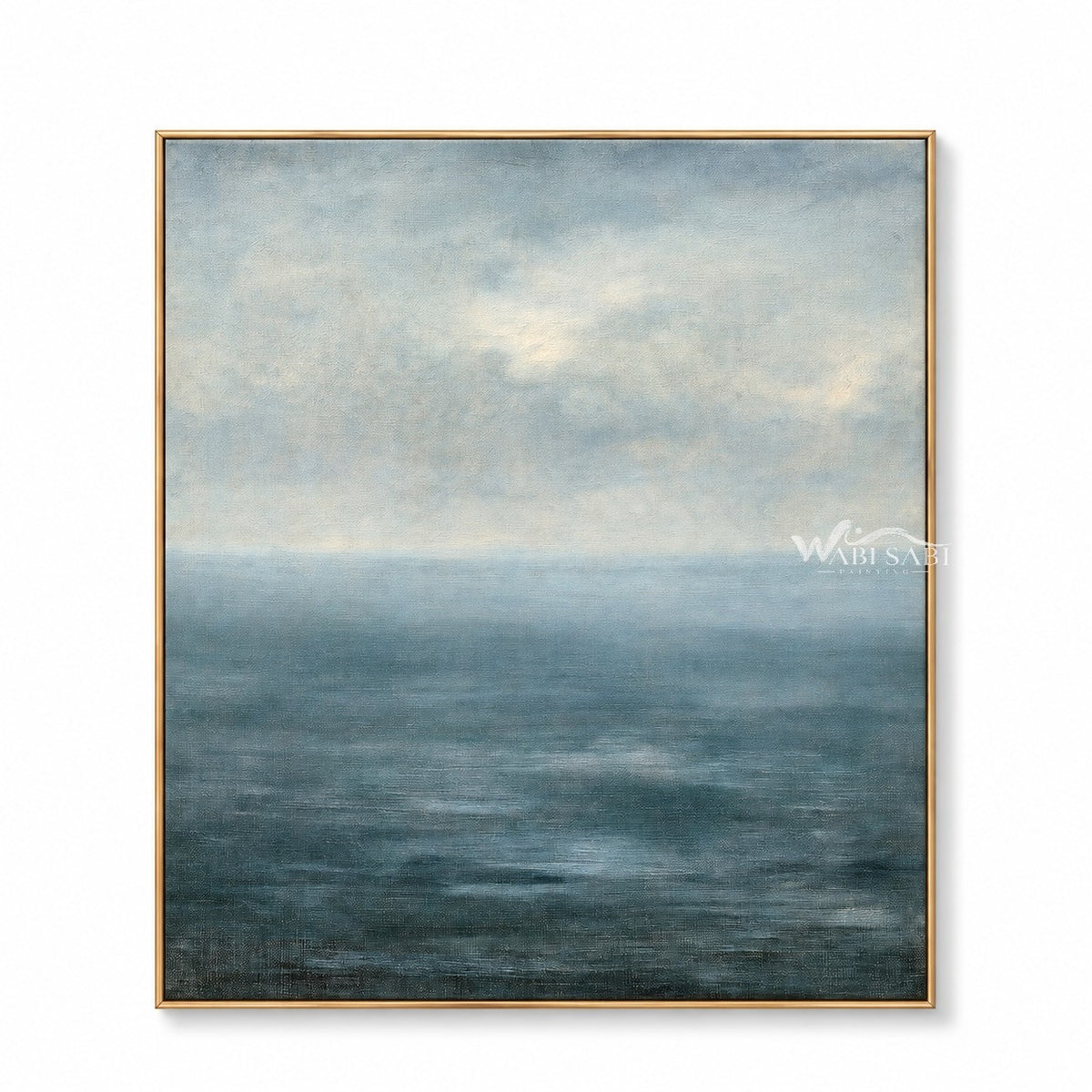 Blue sea and distant horizon in blue, gray. Fine horizontal water marks.