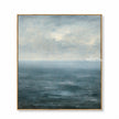 Blue sea and distant horizon in blue, gray. Fine horizontal water marks.