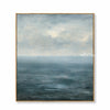 Blue sea and distant horizon in blue, gray. Fine horizontal water marks.