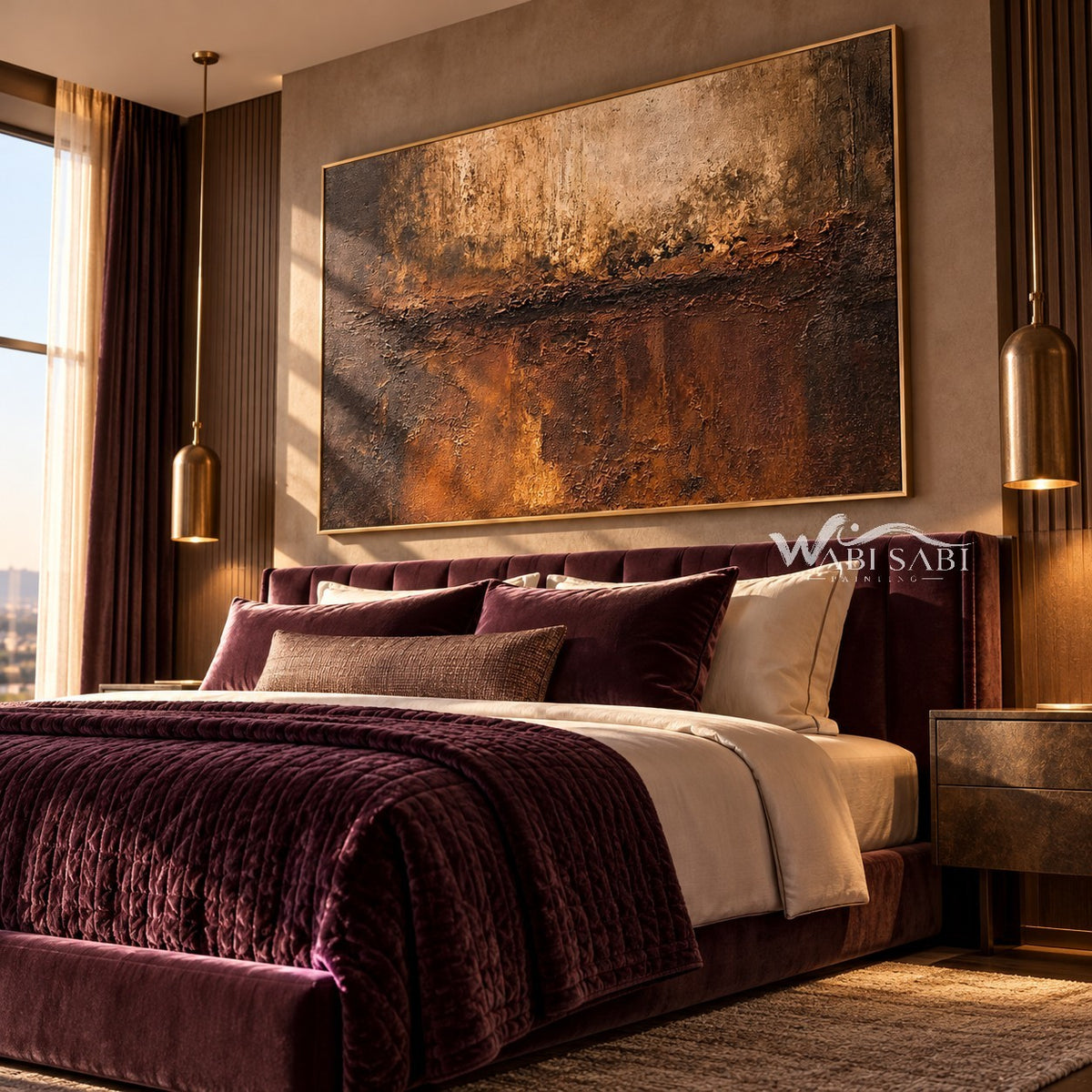 Bronze Divide Textured Wall Art shown in a bedroom.