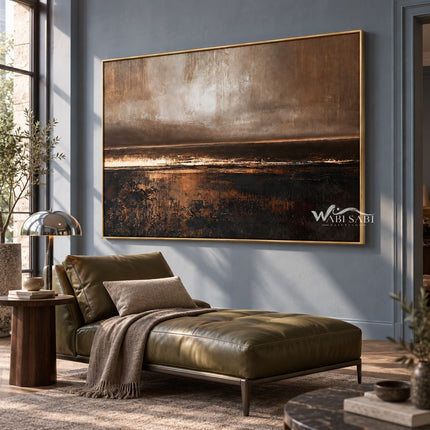 Bronze Horizon and Dark Water Wall Art shown above an upholstered chaise.