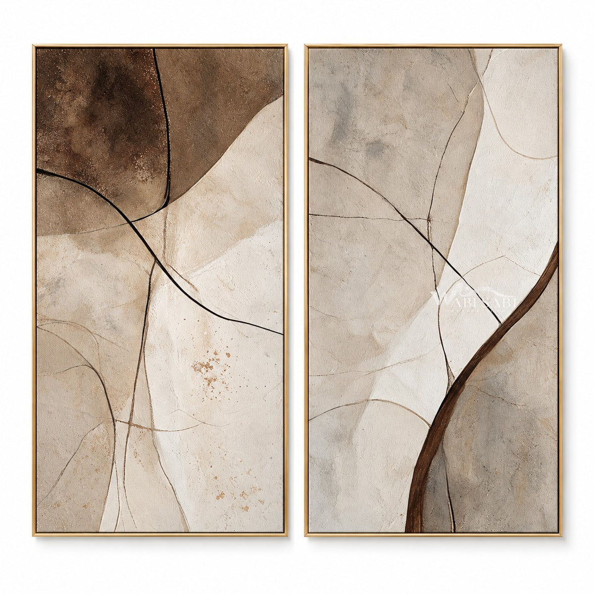Brown upper-left shape in brown, cream, taupe. Curved band on the right panel.