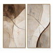 Brown upper-left shape in brown, cream, taupe. Curved band on the right panel.